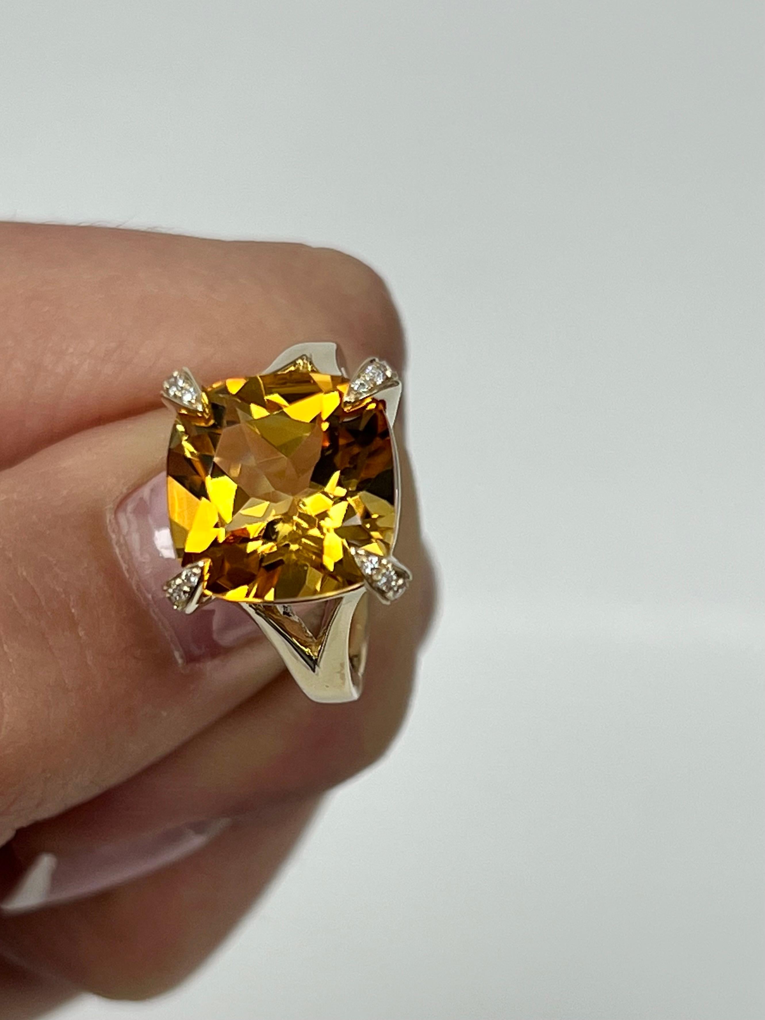 Cushion Cut Yellow Gold Citrine Diamond Ring For Sale