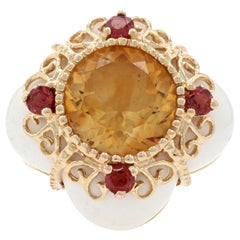 Yellow Gold Citrine, Garnet, & Howlite Quatrefoil Flower Ring, 14k Round 3.70ctw