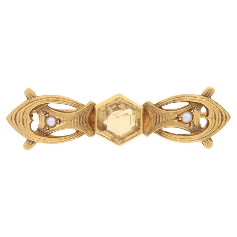 Yellow Gold Citrine & Half Pearl Art Nouveau Brooch, 18k Hexagon 2.00ct Antique