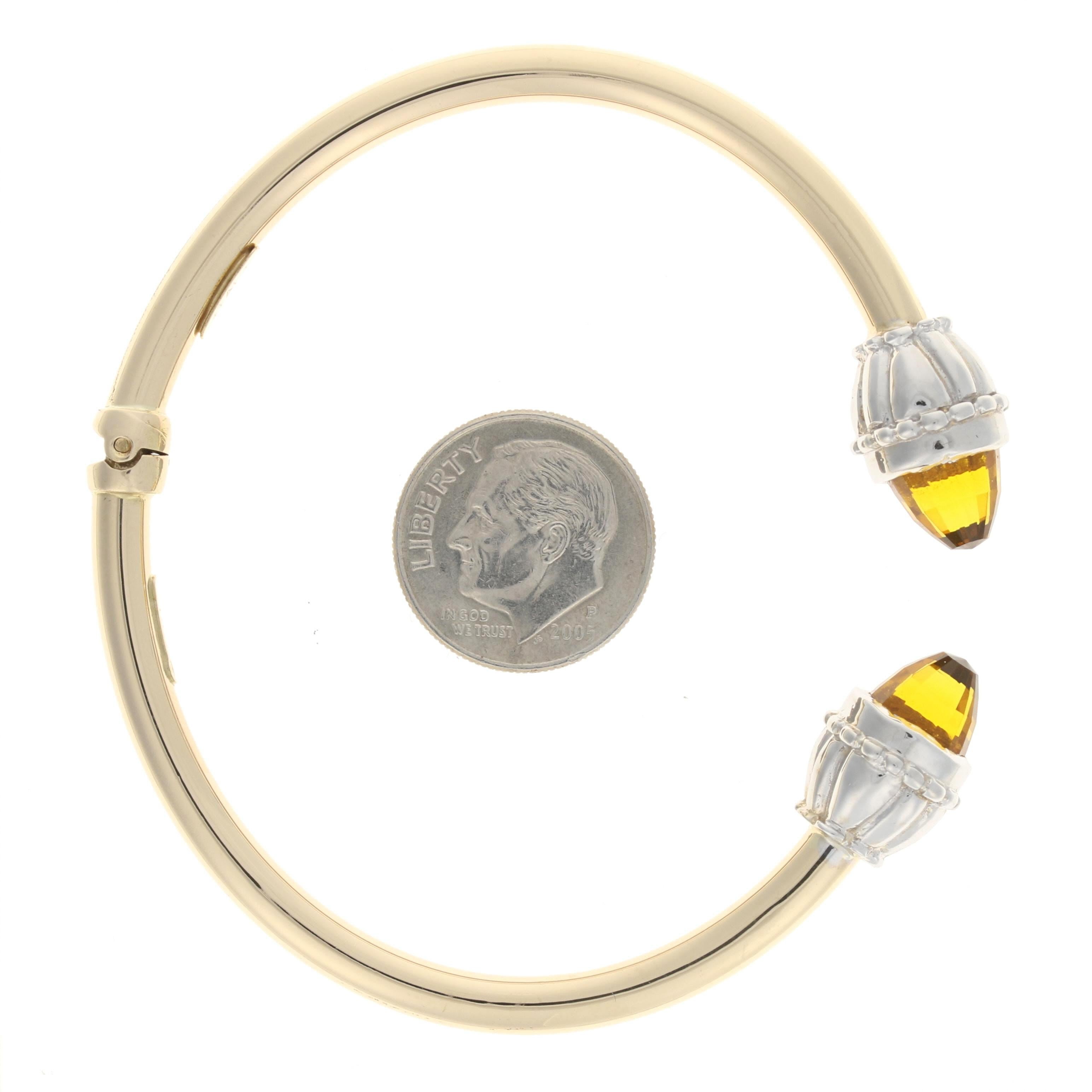 Women's or Men's Yellow Gold Citrine Hinged Negative Space Bangle Bracelet, 14 Karat Briolette