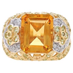 Or jaune Citrine Lemon Quartz Diamond Cocktail Ring 14k Emerald 6.62ctw