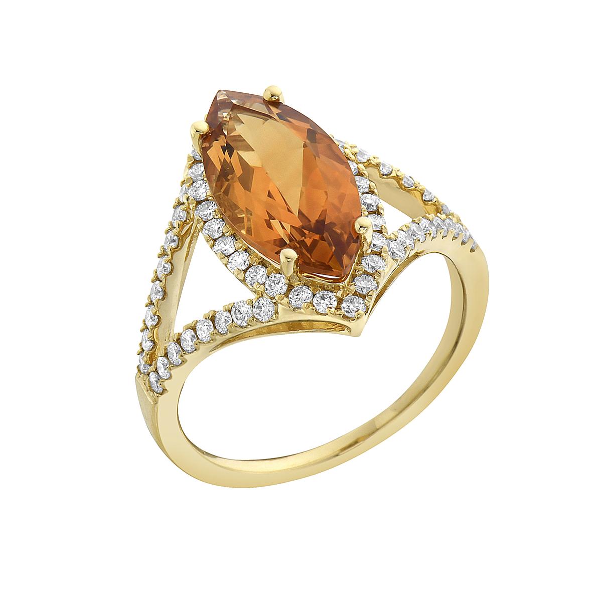 With this exquisite semi-precious yellow gold citrine marquise cut diamond ring, style and glamour are in the spotlight. This 14-karat ring is made from 3.0 grams of gold and 1 citrine totaling 2.73 karats. This ring is also surrounded by 58 round