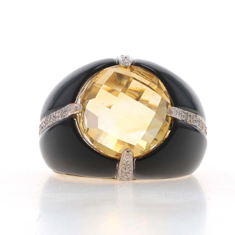 Size: 5

Metal Content: 14k Yellow Gold & 14k White Gold

Stone Information

Natural Citrine
Treatment: Heating
Carat(s): 3.45ct
Cut: Double Checkerboard Round
Color: Yellow

Natural Onyx
Color: Black

Natural Diamonds
Carat(s): .06ctw
Cut:
