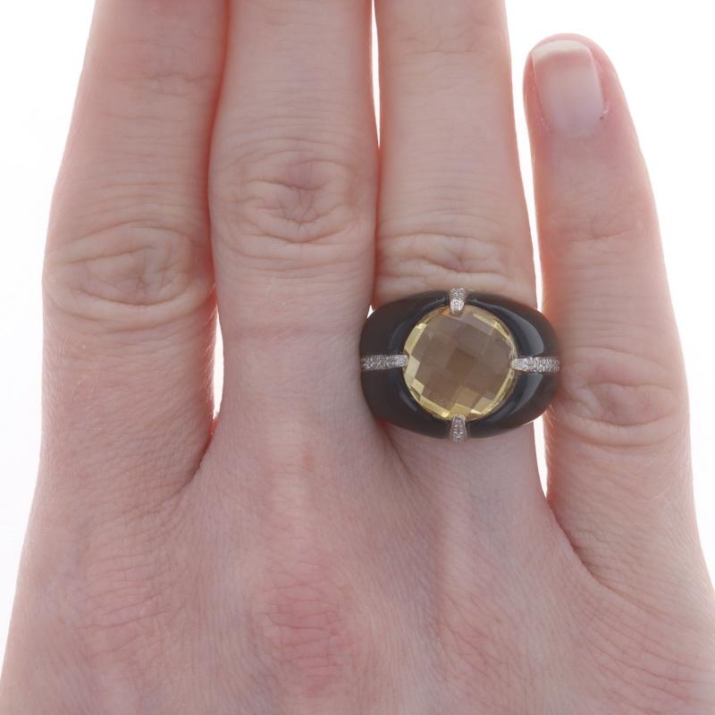 Round Cut Yellow Gold Citrine Onyx Diamond Ring 14k Double Checkerboard Round 3.51ctw Sz 5 For Sale