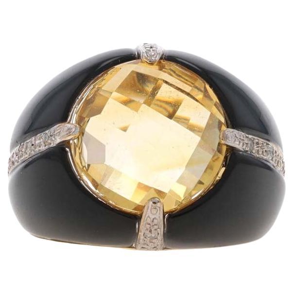 Yellow Gold Citrine Onyx Diamond Ring 14k Double Checkerboard Round 3.51ctw Sz 5 For Sale