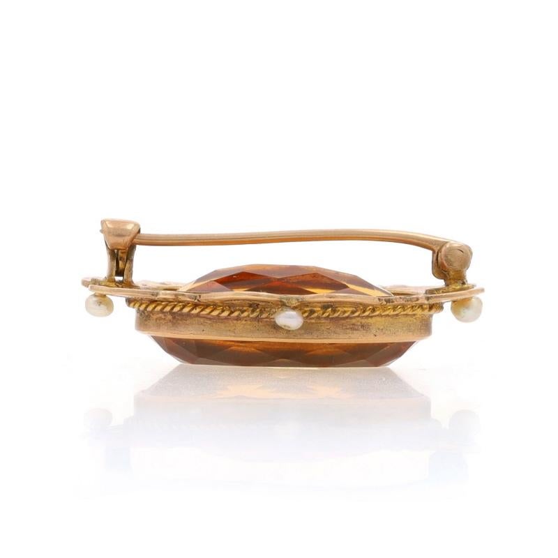 Oval Cut Yellow Gold Citrine Pearl Edwardian Brooch - 14k Oval 6.87ct Scroll Antique Pin For Sale