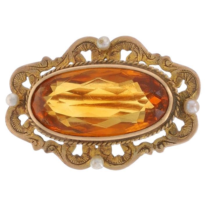 Yellow Gold Citrine Pearl Edwardian Brooch - 14k Oval 6.87ct Scroll Antique Pin For Sale