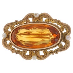 Yellow Gold Citrine Pearl Edwardian Brooch - 14k Oval 6.87ct Scroll Antique Pin