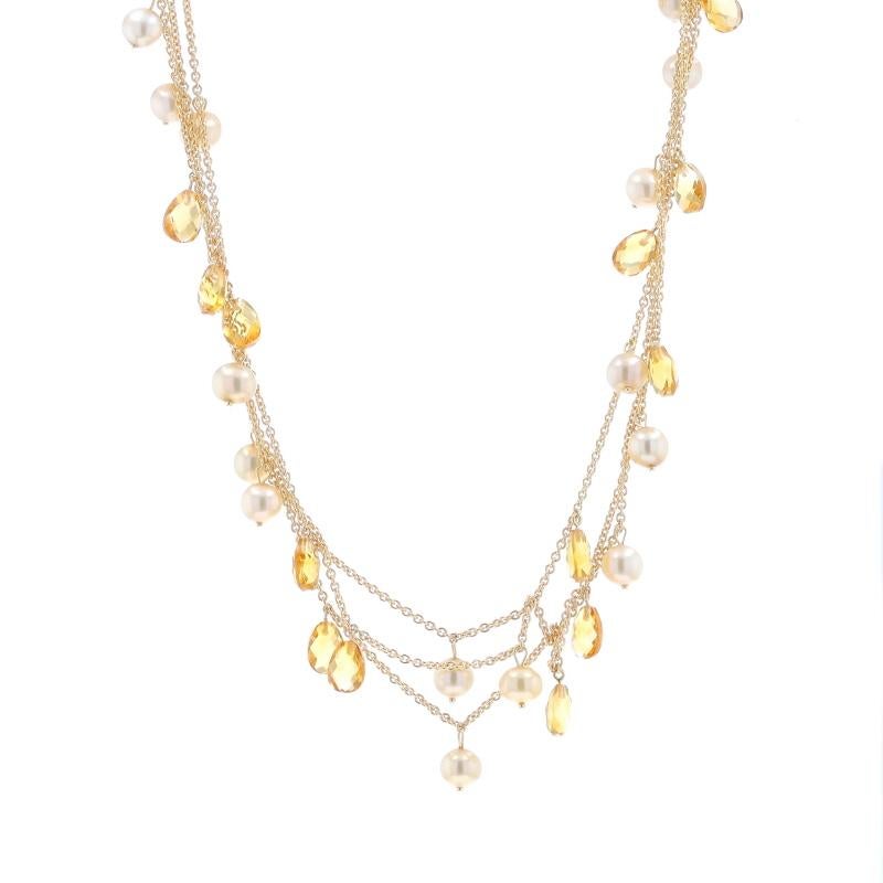 Metal Content: 14k Yellow Gold

Stone Information

Natural Citrines
Treatment: Heating
Cut: Briolette
Color: Yellow

Cultured Pearls

Style: Three-Strand Dangle
Fastening Type: Spring Ring Clasp

Measurements

Chain Width: (individual chains) 1/16