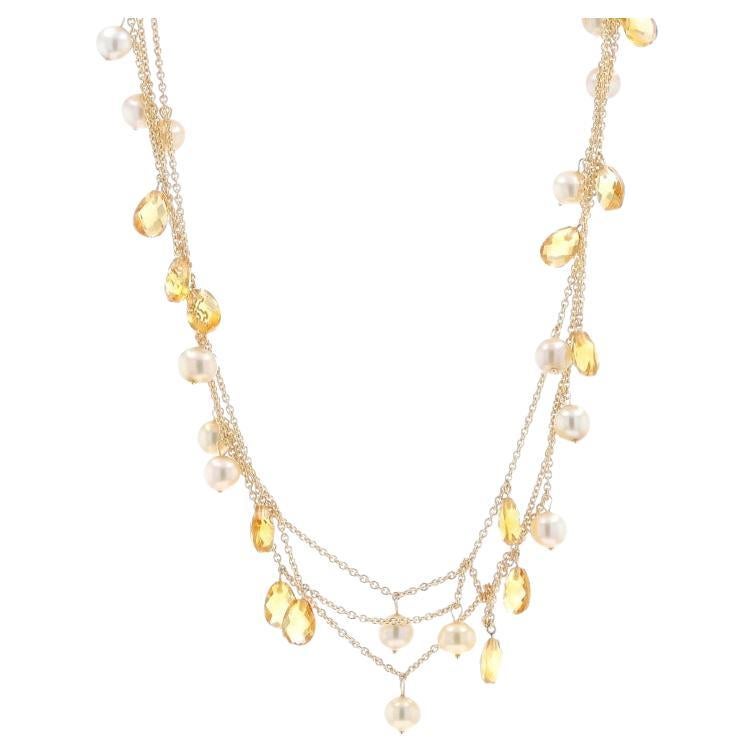 Yellow Gold Citrine & Pearl Three-Strand Dangle Necklace 17" - 14k Briolette For Sale