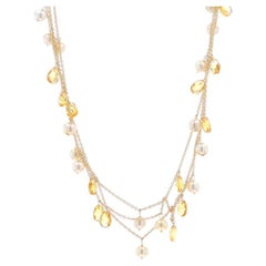 Dreireihige Gelbgold-Halskette mit Citrin und Perle 17" - 14k Briolette