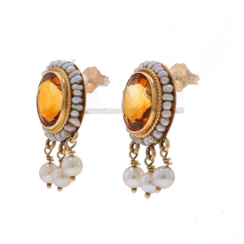 Oval Cut Yellow Gold Citrine & Pearl Vintage Halo Dangle Earrings & Pendant 14k 7.20ctw