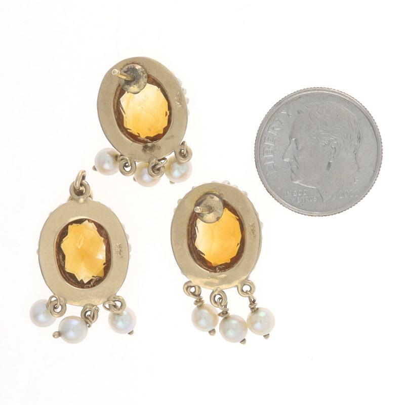 Women's Yellow Gold Citrine & Pearl Vintage Halo Dangle Earrings & Pendant 14k 7.20ctw
