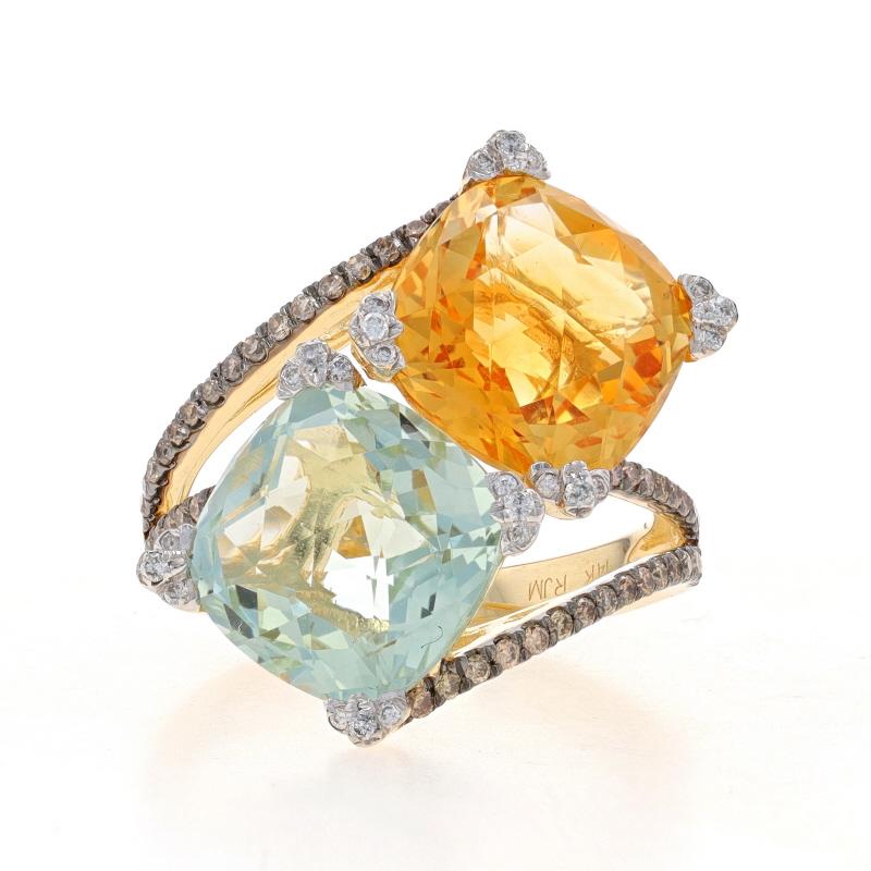 Size: 6 1/2

Metal Content: 14k Yellow Gold & 14k White Gold

Stone Information

Natural Citrine
Treatment: Heating
Carat(s): 3.70ct
Cut: Cushion Checkerboard
Color: Yellow

Natural Prasiolite
Carat(s): 3.70ct
Cut: Cushion Checkerboard
Color: Light