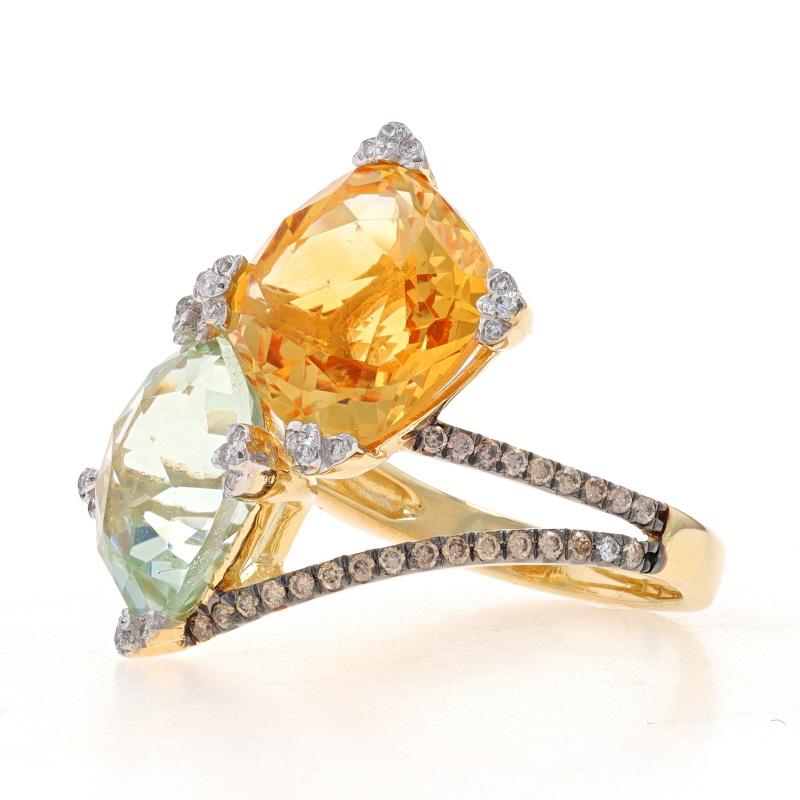 Cushion Cut Yellow Gold Citrine Prasiolite Dia Bypass Ring -14k Cush 7.80ctw Two-Stone 6 1/2 For Sale