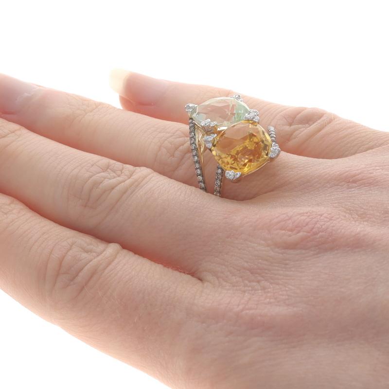 Yellow Gold Citrine Prasiolite Dia Bypass Ring -14k Cush 7.80ctw Two-Stone 6 1/2 In Excellent Condition For Sale In Greensboro, NC