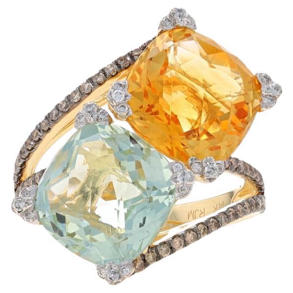 Yellow Gold Citrine Prasiolite Dia Bypass Ring -14k Cush 7.80ctw Two-Stone 6 1/2 For Sale