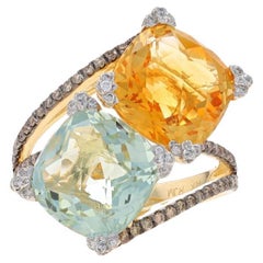 Yellow Gold Citrine Prasiolite Dia Bypass Ring -14k Cush 7.80ctw Two-Stone 6 1/2