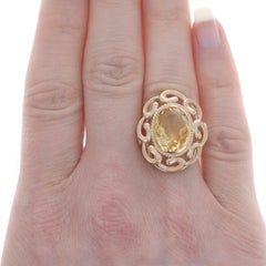 Yellow Gold Citrine Retro Cocktail Solitaire Ring - 14k Oval 5.20ct Floral Swirl