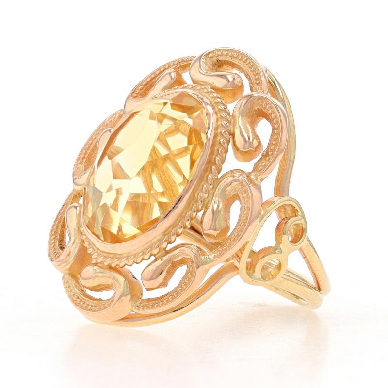 Oval Cut Yellow Gold Citrine Retro Cocktail Solitaire Ring - 14k Oval 5.20ct Floral Swirl For Sale