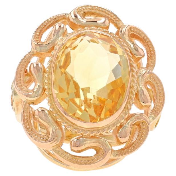 Yellow Gold Citrine Retro Cocktail Solitaire Ring - 14k Oval 5.20ct Floral Swirl