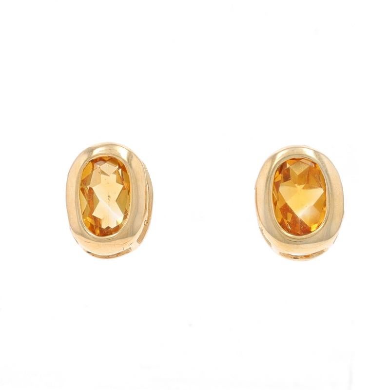 Yellow Gold Citrine Stud Earrings - 14k Oval 1.70ctw Bezel Set Pierced In Excellent Condition For Sale In Greensboro, NC
