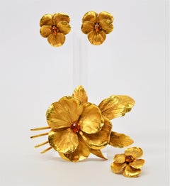 Vintage 14K Floral Suite Brooch and Earrings Set w Citrine Gemstone