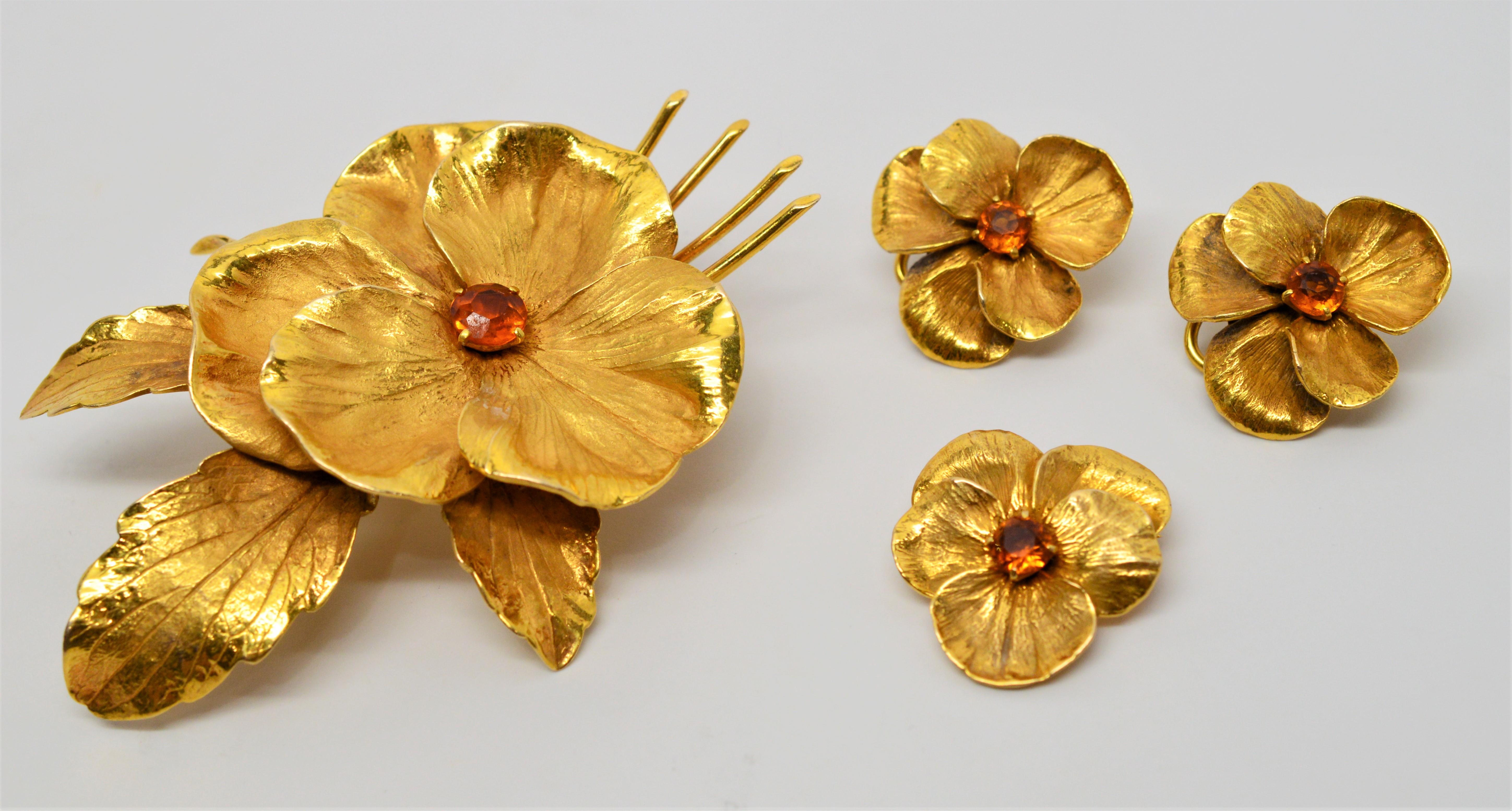 Round Cut 14 Karat Yellow Gold Floral Suite Earrings Brooch Duo w Citrine For Sale