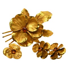 14 Karat Yellow Gold Floral Suite Earrings Brooch Duo w Citrine