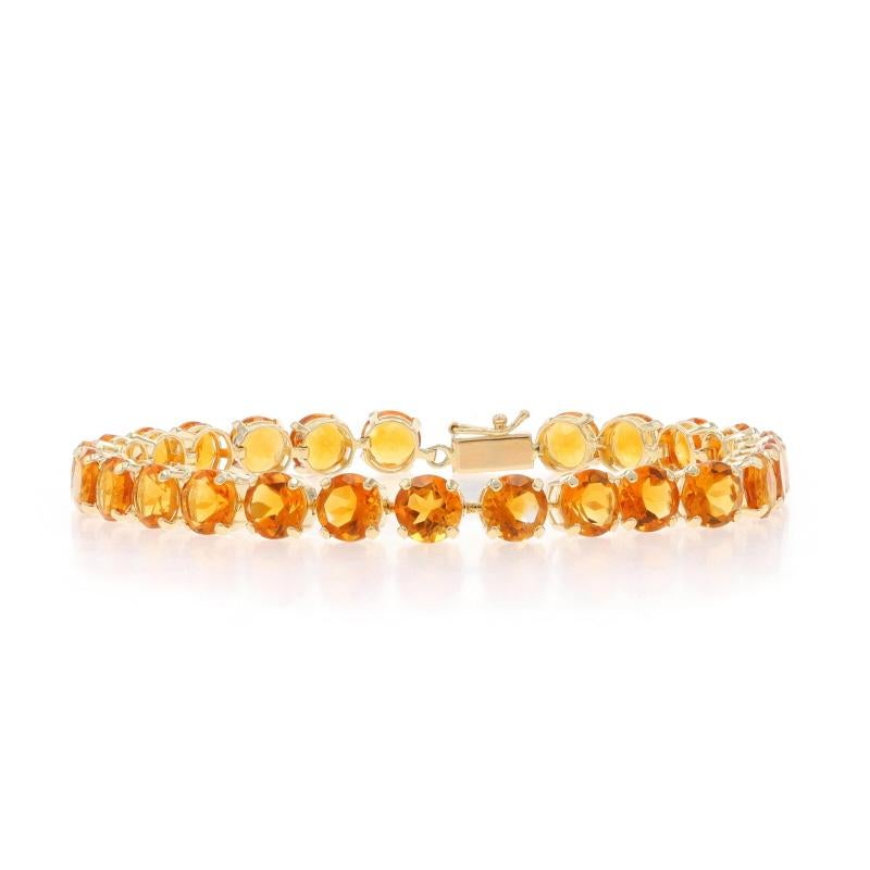 Metal Content: 14k Yellow Gold

Stone Information

Natural Citrines
Treatment: Heating
Carat(s): 18.20ctw
Cut: Round
Color: Orange

Total Carats: 18.20ctw

Style: Tennis
Fastening Type: Tab Box Clasp with One Side Safety Clasp

Measurements

Length: