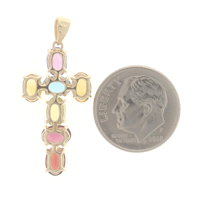 Yellow Gold Citrine Topaz Rhodolite Garnet Cross Pendant -14k Oval 3.52ctw Faith In Excellent Condition For Sale In Greensboro, NC