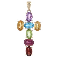 Yellow Gold Citrine Topaz Rhodolite Garnet Cross Pendant -14k Oval 3.52ctw Faith