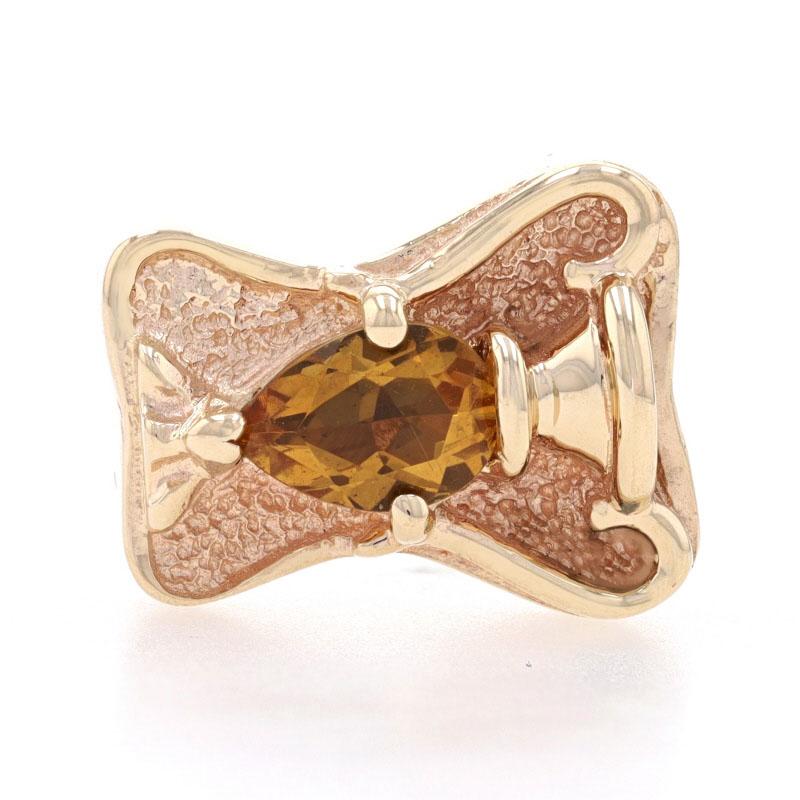 Metal Content: 14k Yellow Gold

Stone Information
Genuine Citrine
Treatment: Heating
Carat: .65ct
Cut: Pear
Color: Yellow

Style: Solitaire Slide
Theme: Vase, Vessel
Features: Smooth & textured finishes

Measurements
Tall: 1/2