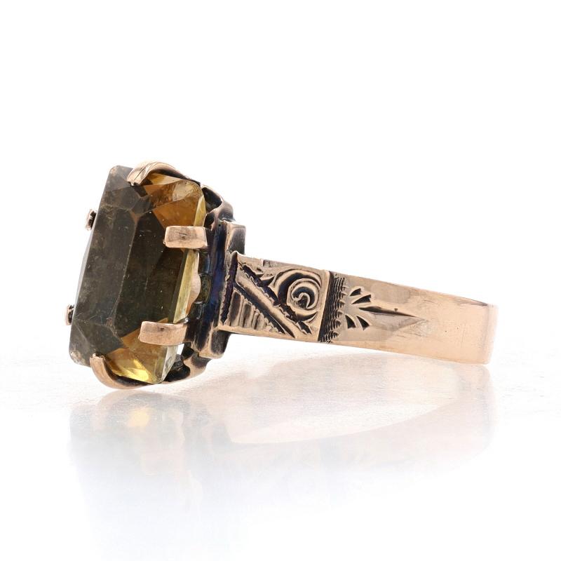 Emerald Cut Yellow Gold Citrine Victorian Solitaire Ring - 10k Emerald 2.80ct Etched Antique For Sale