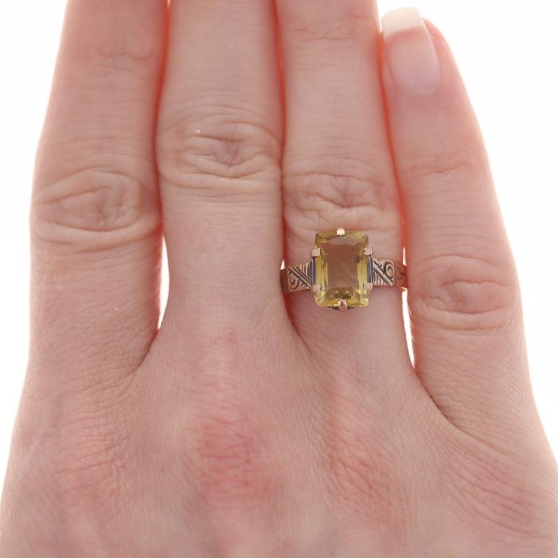 Emerald Cut Yellow Gold Citrine Victorian Solitaire Ring - 10k Emerald 2.80ct Etched Antique For Sale