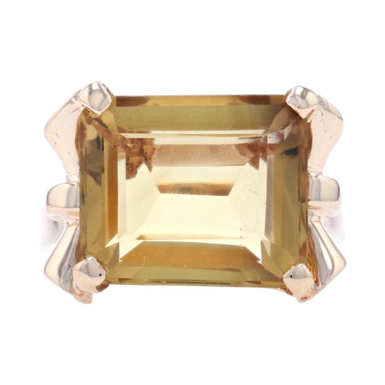 Yellow Gold Citrine Vintage Cocktail Solitaire Ring, 14k Emerald Cut 8.10ct Bows