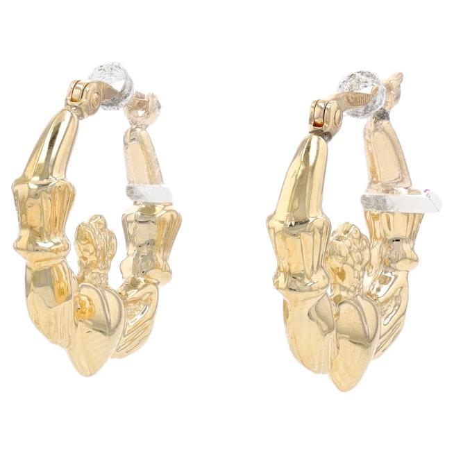 Yellow Gold Claddagh Hoop Earrings - 14k Friendship, Love, Marriage Pierced For Sale