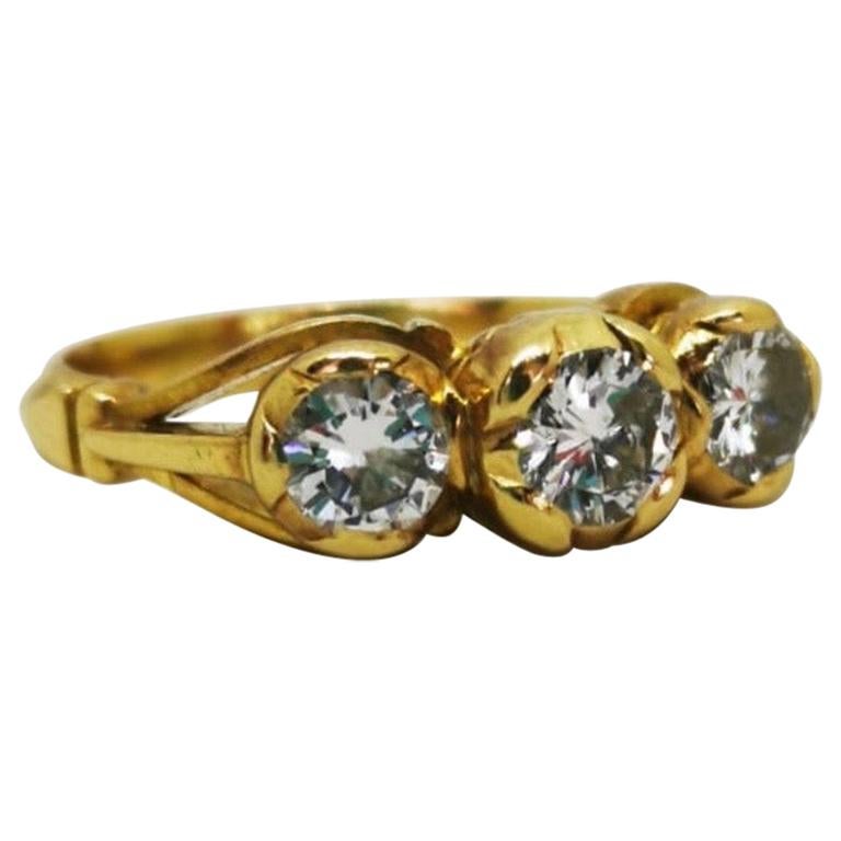 Yellow Gold Classic Vintage White Diamond Three-Stone Ring For Sale