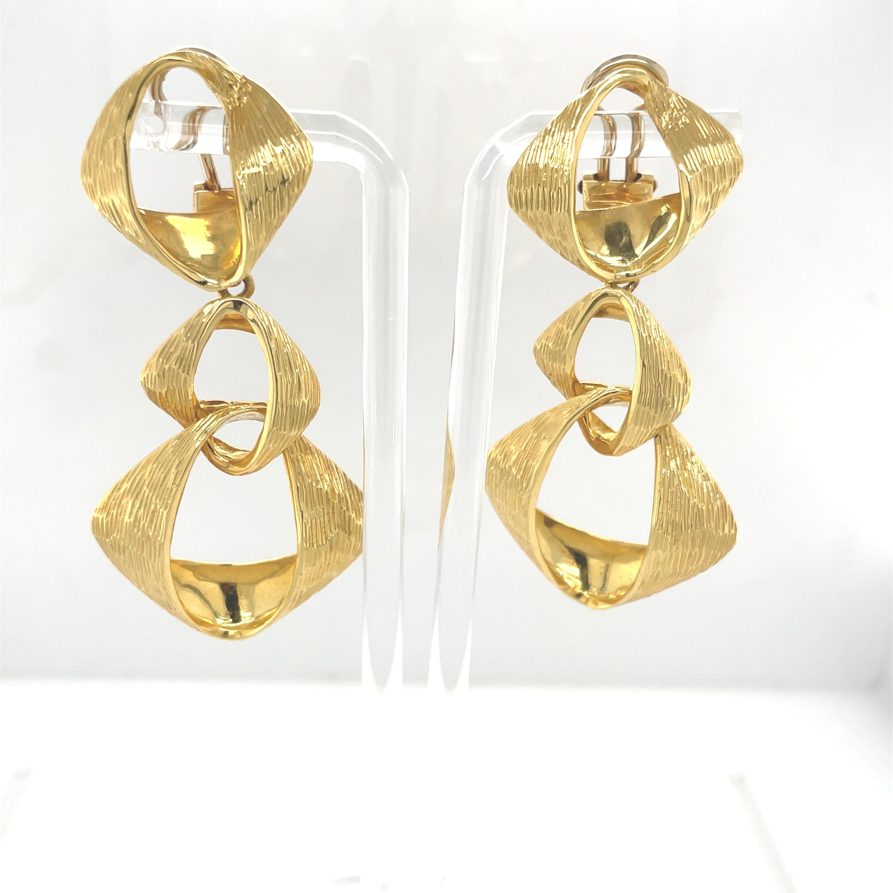 Modern Yellow Gold Clip on Triple Large Link Dangle Earrings