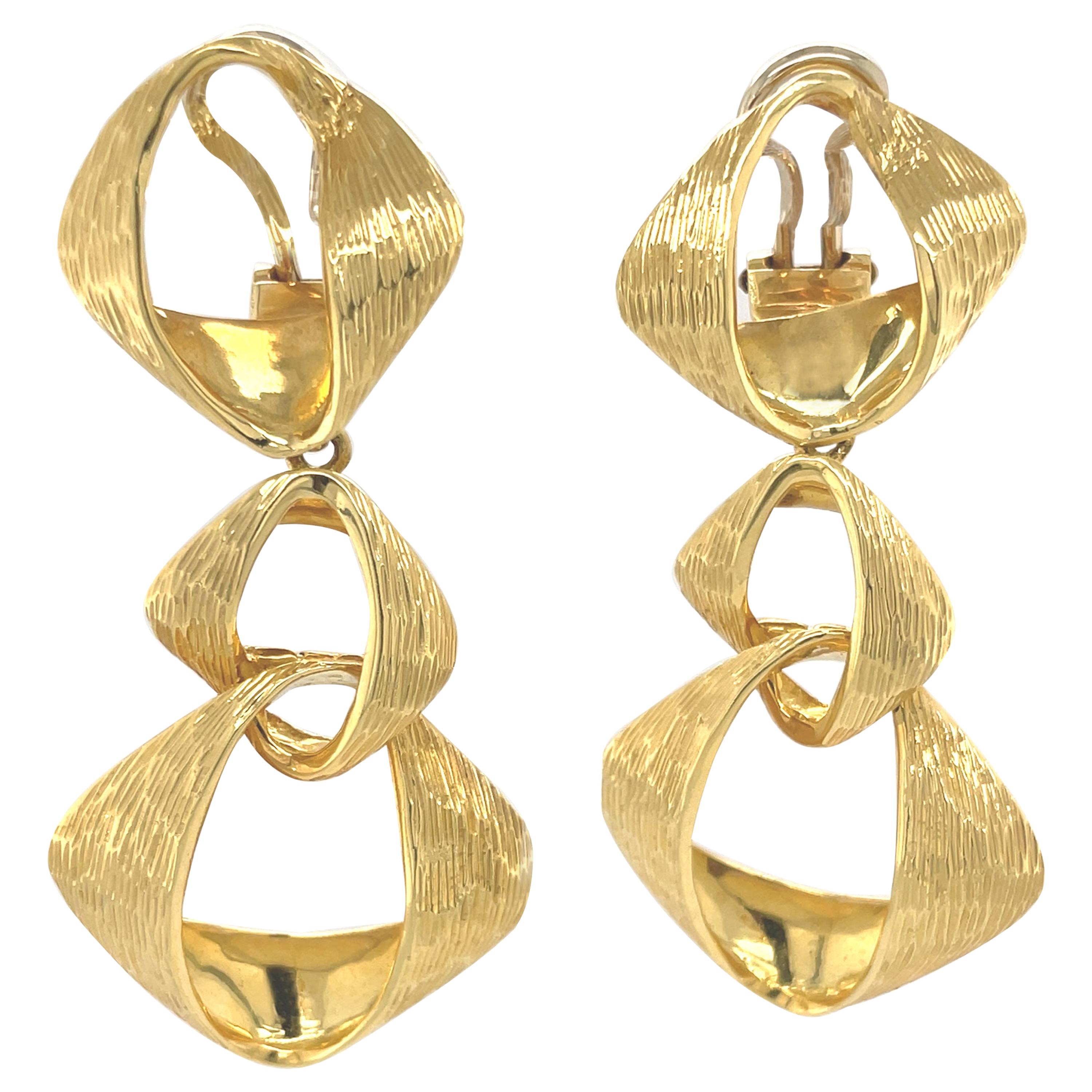 Yellow Gold Clip on Triple Large Link Dangle Earrings