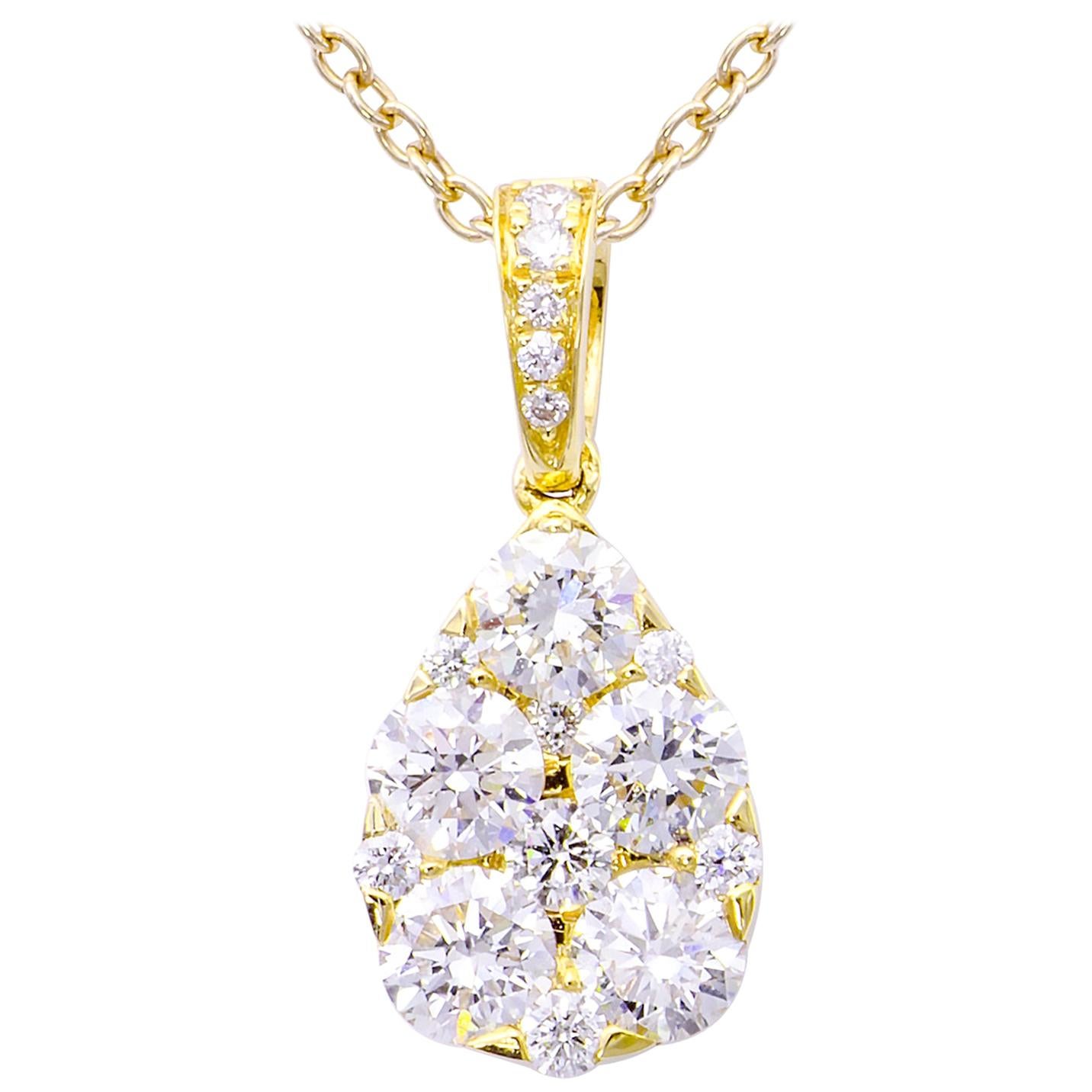 Yellow Gold Cluster Drop Pendant Necklace