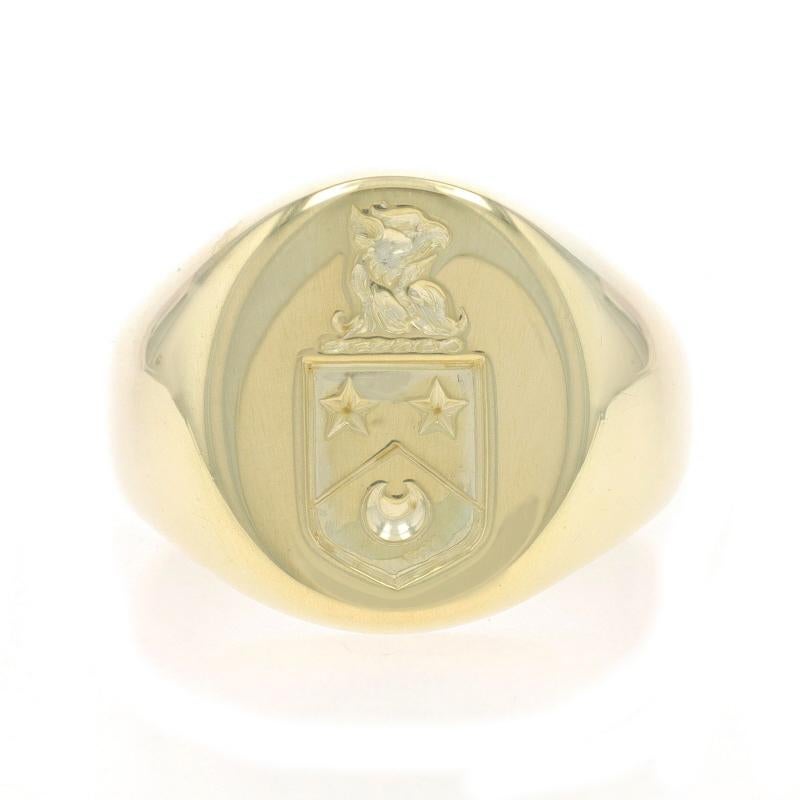 Size: 8 1/2
Sizing Fee: Up 3 sizes for $60 or Down 1 1/2 sizes for $40
Note: If sized up, the shank may become oval in shape.

Metal Content: 14k Yellow Gold

Style: Signet
Theme: Coat of Arms, Eagle Stars Crescent Moon Shield

Measurements
Face