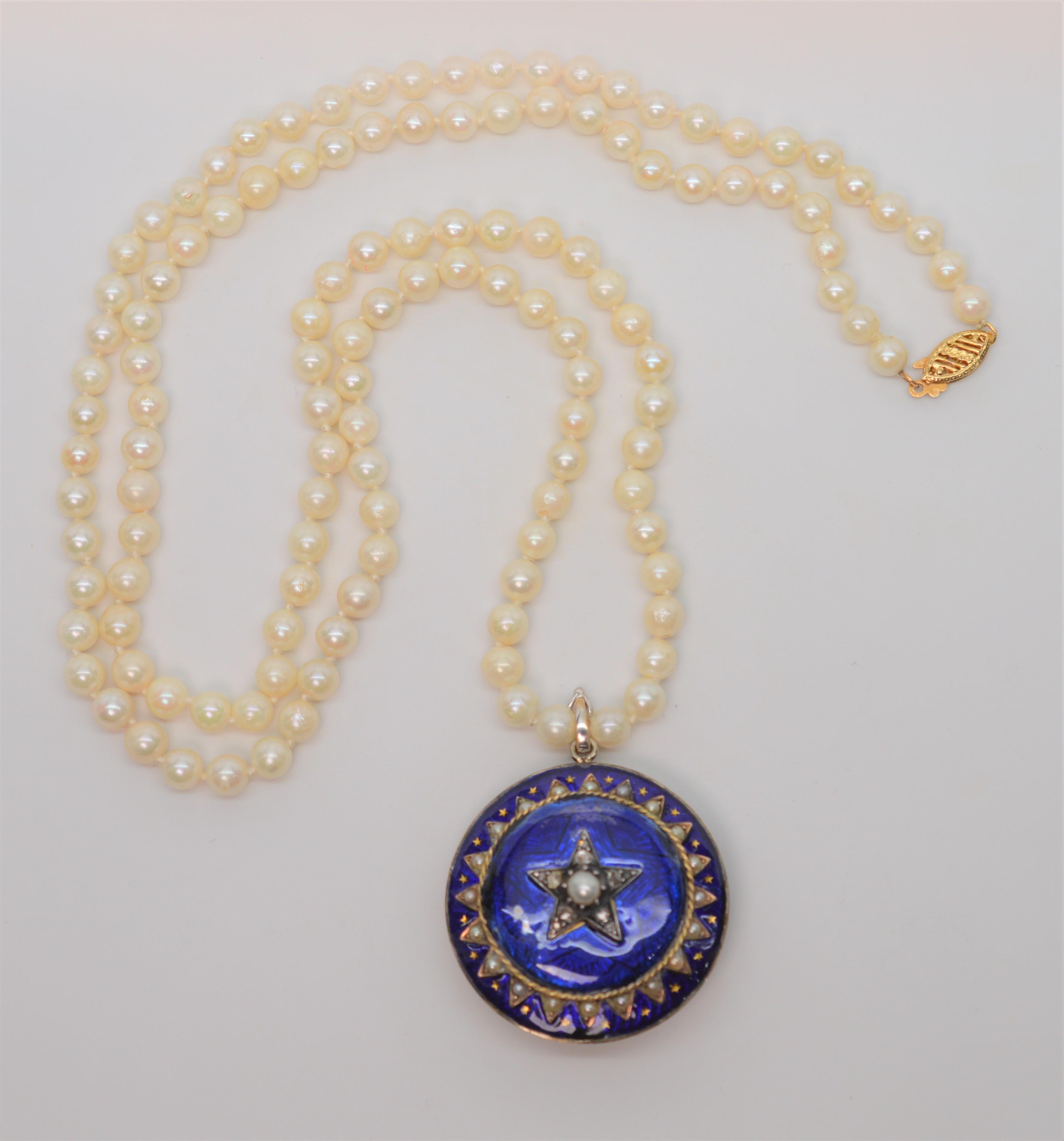 Antique style estate piece of 10 karat Rose Gold and Cobalt Blue Enamel Pin Pendant with Pearl and Diamond Accents. This celestial brooch sits on a thirty inch strand of natural 5-1/4mm Akoya Pearls with an enhancer clip and finished with a 14 karat