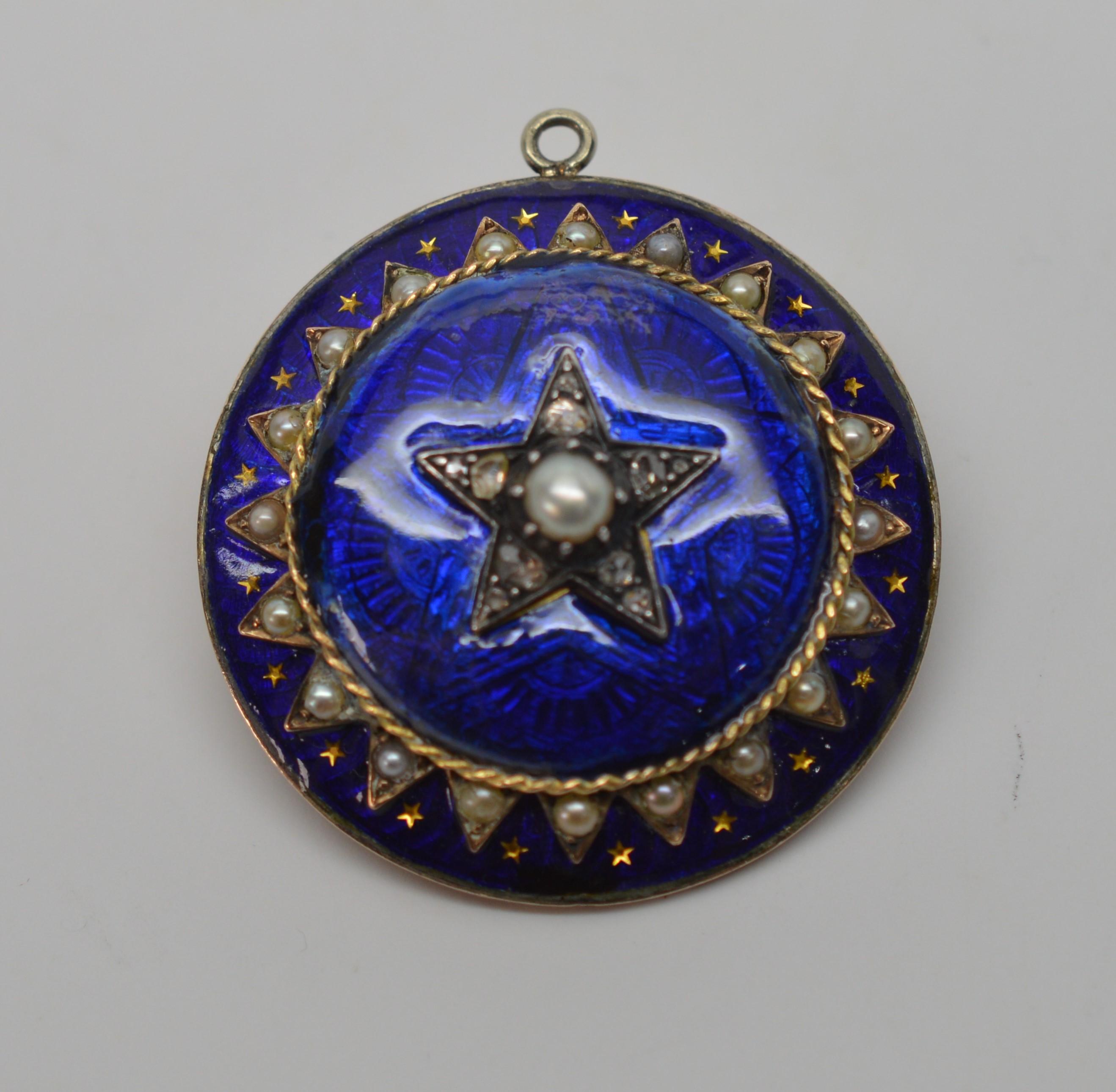 Gold Cobalt Blue Enamel Brooch Pendant Pearl Necklace with Diamond Accents In Good Condition For Sale In Mount Kisco, NY