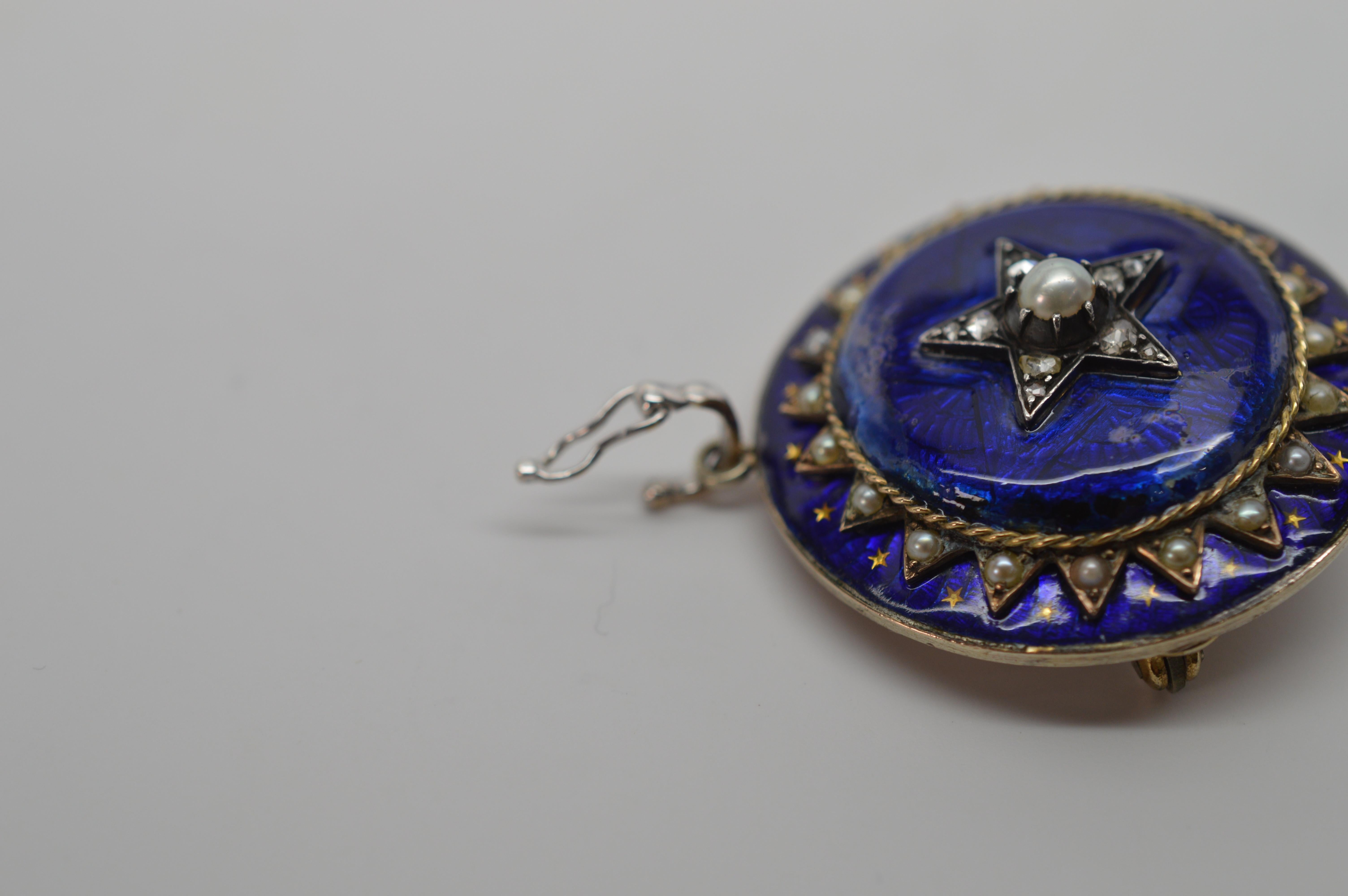 Women's Gold Cobalt Blue Enamel Brooch Pendant Pearl Necklace with Diamond Accents For Sale