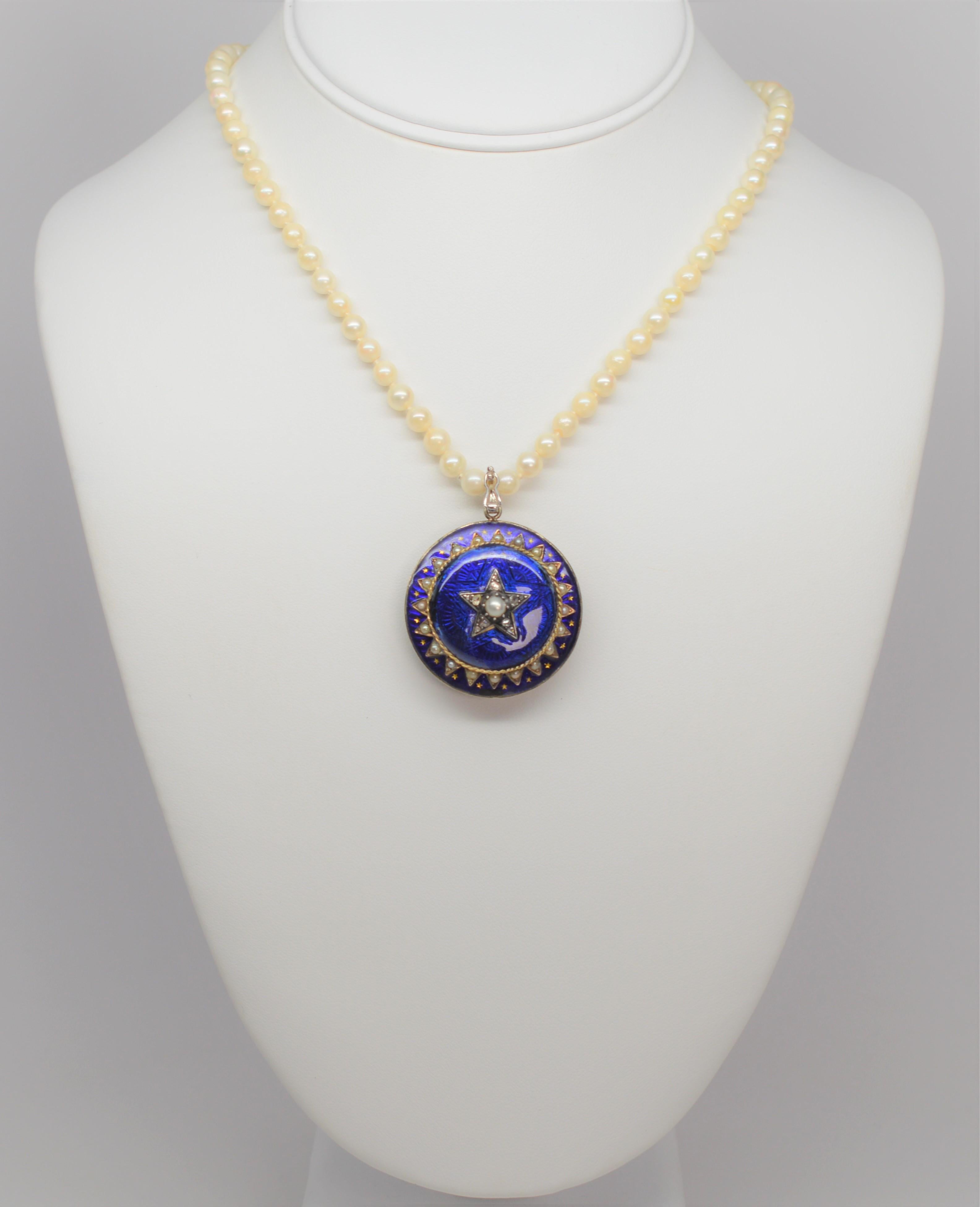 Gold Cobalt Blue Enamel Brooch Pendant Pearl Necklace with Diamond Accents For Sale 1