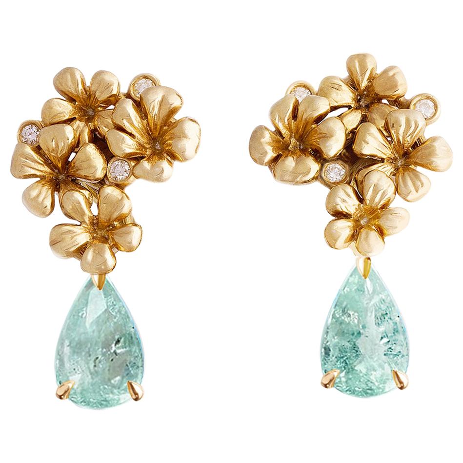 Yellow Gold Cocktail Clip-On Earrings with Diamonds and Paraiba Tourmalines For Sale
