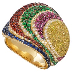 Yellow Gold Cocktail Ring set with Diamonds, Emeralds and Sapphires