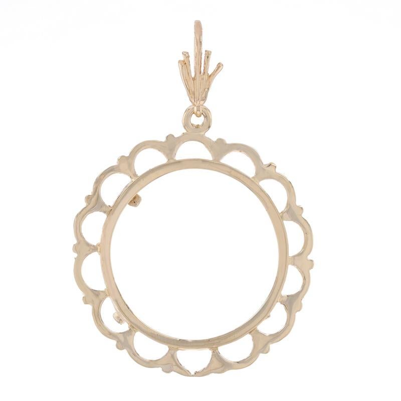 Metal Content: 14k Yellow Gold

Pendant Style: Coin Holder 
Features:  Open cut scallop border

Measurements

Tall (from stationary bail): 1 5/16