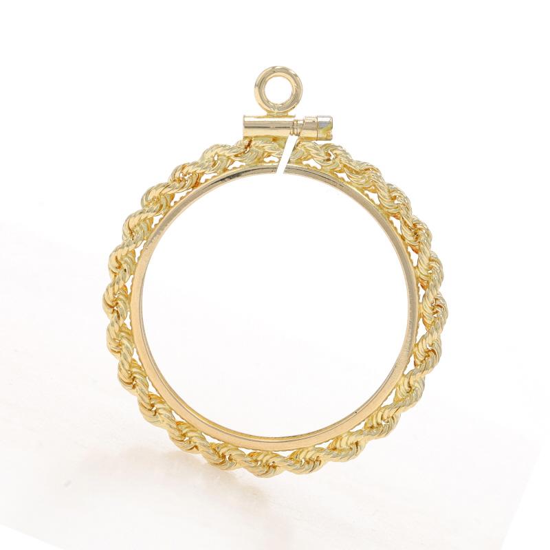 Metal Content: 14k Yellow Gold

Style: Coin Holder
Features: Rope Border

Measurements
Tall (from stationary bail): 1 9/32